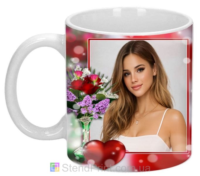 Кружка с фото с розами и сердцем романтичный подарок