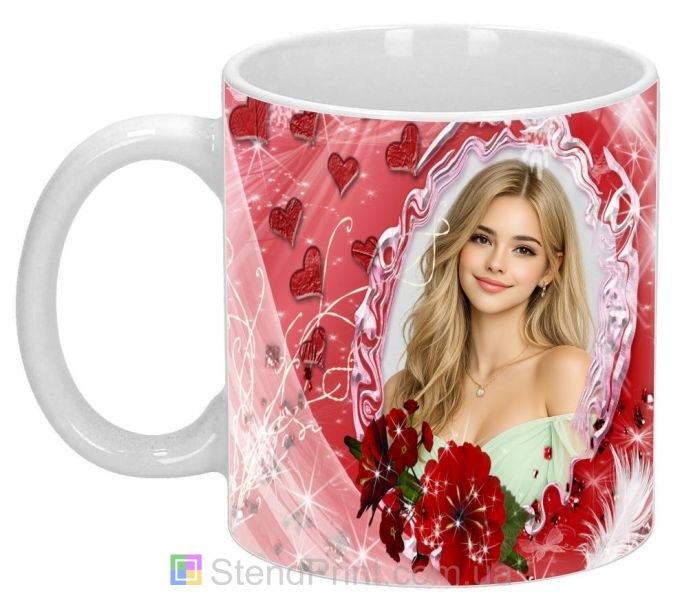 Горнятко з фото для коханої з серцями та трояндами романтичний подарунок замовити