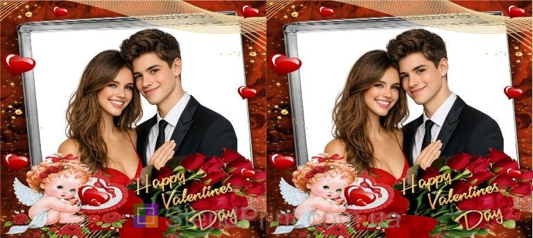 Чашка с фото ко Дню влюблённых с розами и сердцами персональный подарок заказать