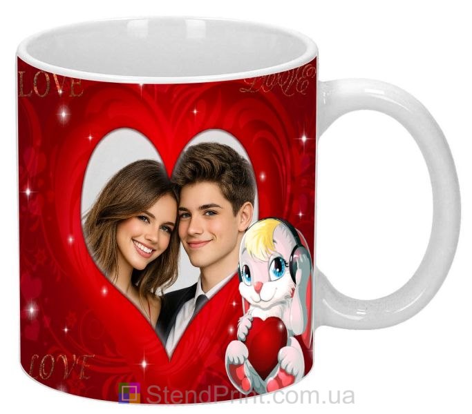 Кружка с фото с сердцем и зайцем яркий романтический подарок заказать