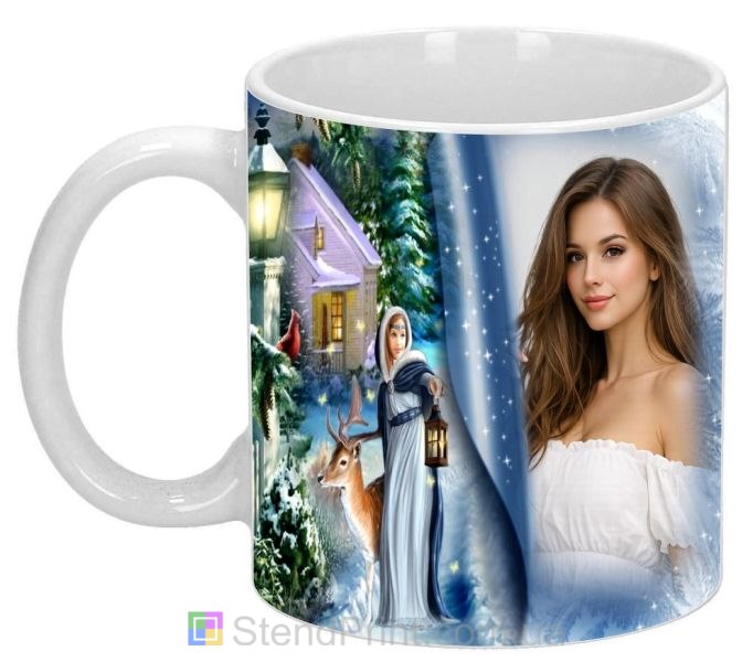 Кружка з фото зимовий казковий ліс, дівчина та олень — фоторамка, замовити онлайн