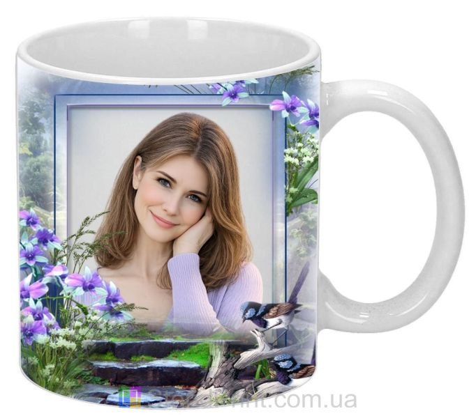 Чашка з фото квітучий сад, квіти та пташки — замовити