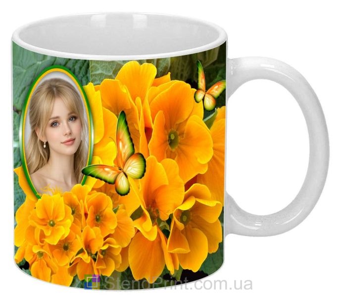 Кружка с фото для девушки с жёлтыми цветами заказать подарок