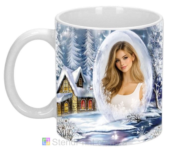 Кружка з фото зимовий ліс і засніжений будиночок персональний друк на кружці замовити онлайн