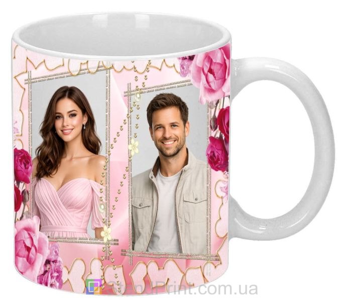 Горнятко з фото для пари з трояндами та рамками подарунок закоханим замовити