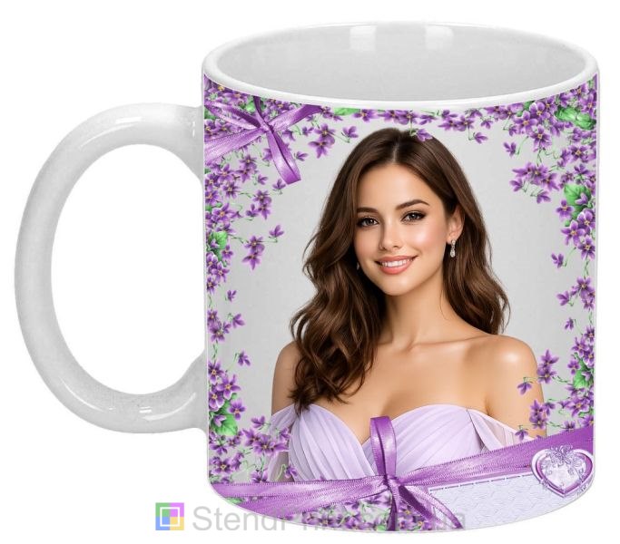 Чашка с фото для девушки с сиреневыми цветами заказать подарок