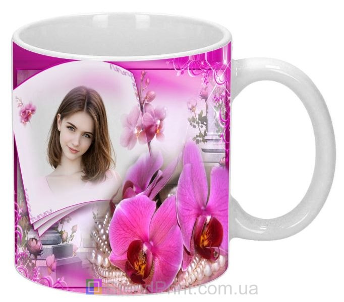 Чашка с фото для девушки с орхидеями романтический подарок заказать