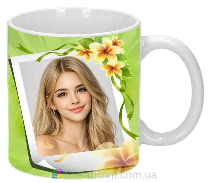 Кружка с фото для девушки с цветами яркий подарок заказать