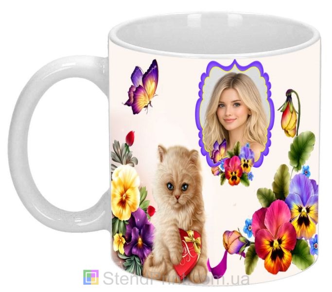 Чашка с фото с котёнком и яркими цветами нежный персональный подарок заказать