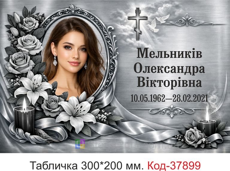 Замовити ритуальну табличку на могилу сріблястий стиль з квітами