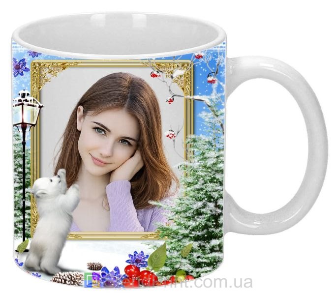 Кружка з фото зимова з ялиною в снігу та ведмежам