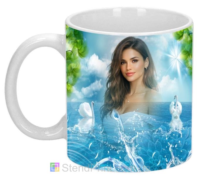 Чашка з фото море, білі лебеді, ніжний фотоефект — замовити