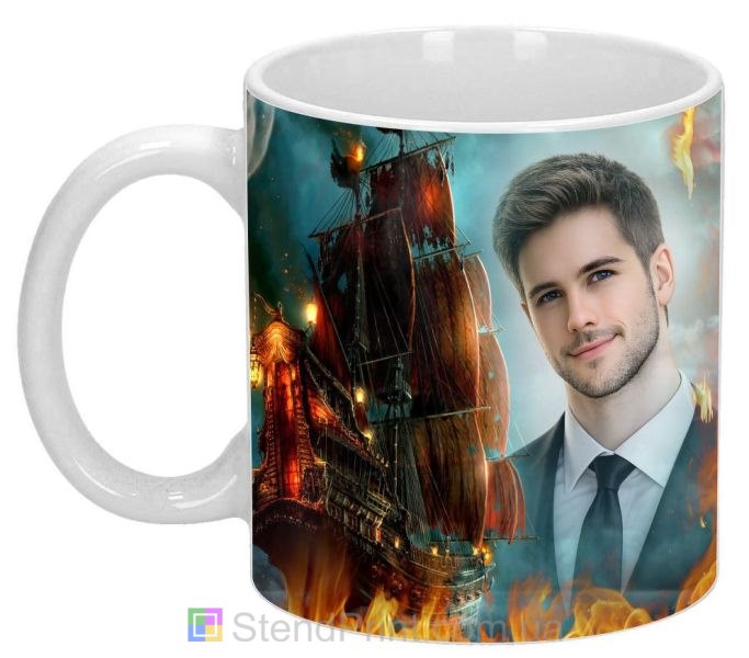 Чашка з фото на подарунок чоловіку зі старовинним вітрильником і вогнем