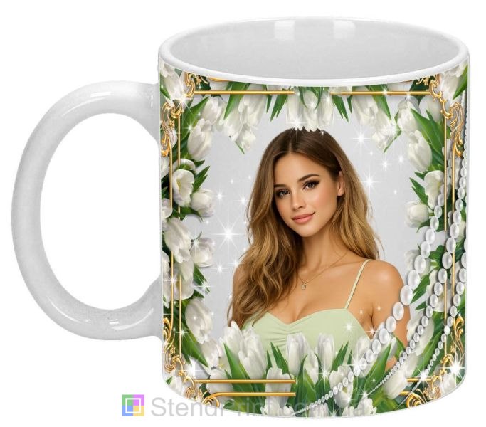 Чашка с фото белые тюльпаны золотая рамка заказать