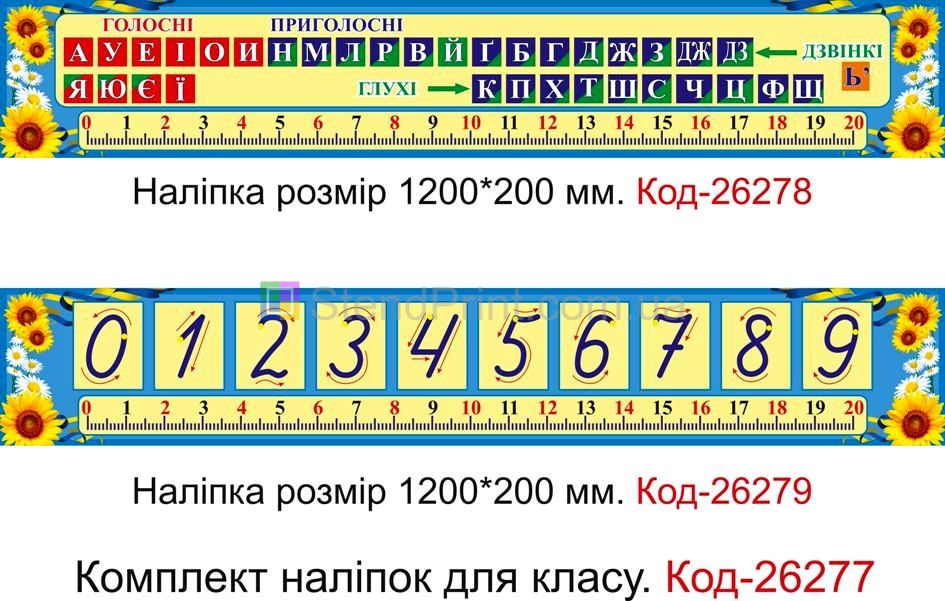 Комплект наліпок самоклеючих наклейок для класу "Голосні, приголосні та цифри" Код-26277