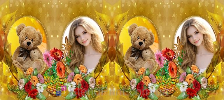 Кружка с фото в золотом коллаже с мишкой и цветами яркий персональный подарок заказать