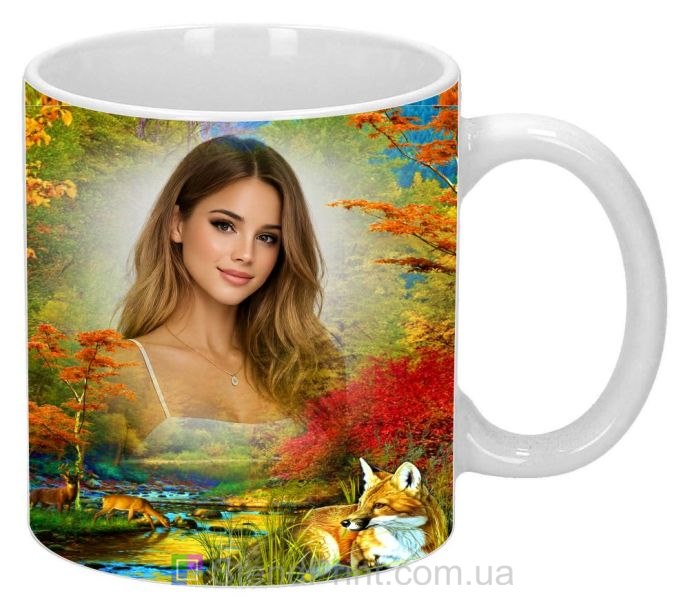 Чашка с фото осенний лес с лисенком персональная печать на чашке
