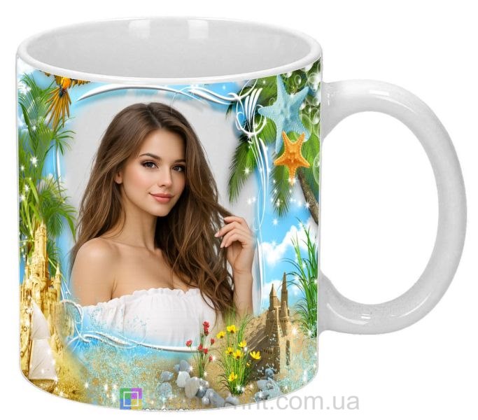 Кружка з фото морська екзотика, піщаний замок, папуга — замовити