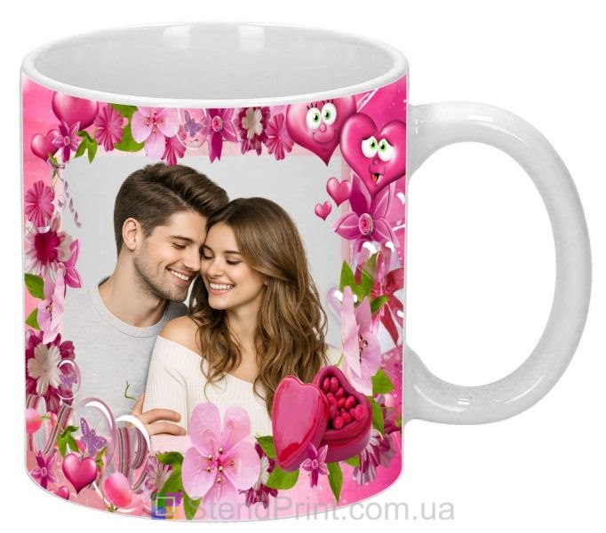 Кружка с фото в розовом стиле с цветами и сердцами романтический подарок заказать