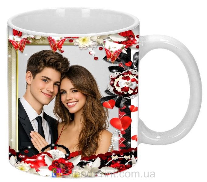 Кружка с фото с красными сердцами и цветами романтичный персональный подарок заказать онлайн
