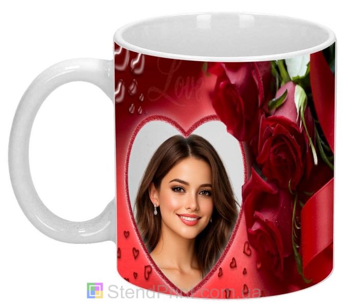 Горнятко з фото для коханої з трояндами та серцем подарунок дівчині