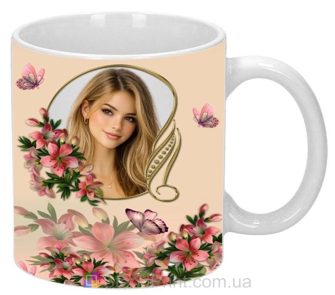 Чашка з фото для дівчини з квітами та метеликами красивий подарунок замовити