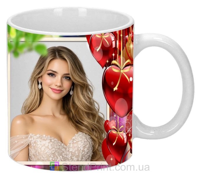 Кружка с фото с сердцами и золотыми лентами романтический подарок заказать