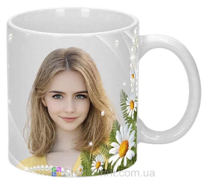 Чашка з фото ромашки та перли зі своїм фото замовити