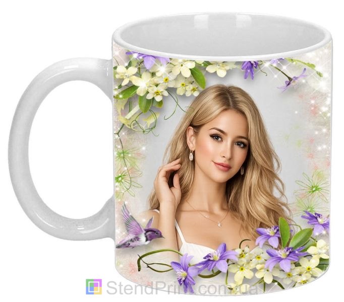 Кружка з фото для дівчини з квітами та колібрі ніжний подарунок замовити