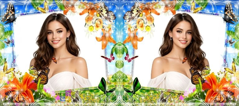 Кружка с фото для девушки яркий цветочный дизайн с бабочками заказать