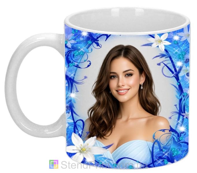 Чашка з фото для дівчини з блакитними квітами красивий подарунок замовити