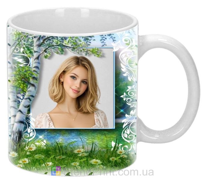 Кружка з фото береза, ромашки і ставок природа замовити