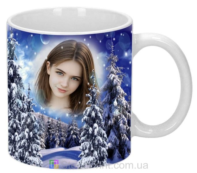Чашка з фото зимова ніч гори та ялини персональний друк фото на чашці замовити