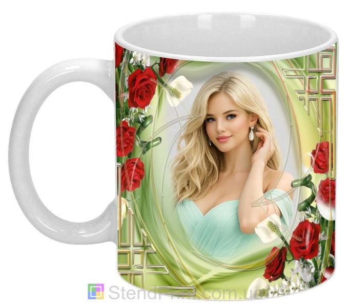 Кружка с фото красные розы абстрактный зелёный фон геометрия заказать