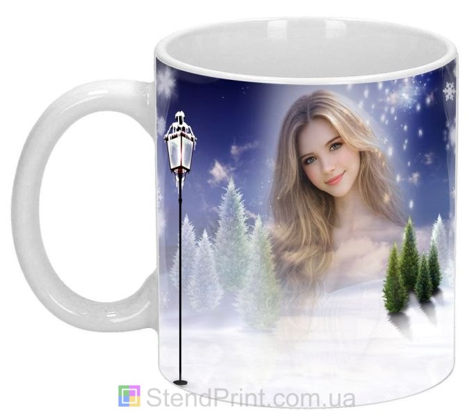Кружка с фото зимний вечер с фонарем и сугробами