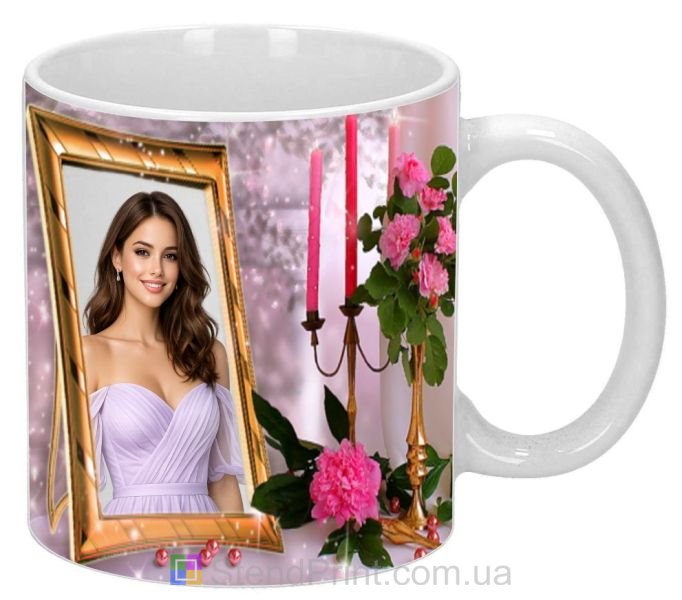 Горнятко з фото для коханої з рамкою та трояндами романтичний подарунок замовити