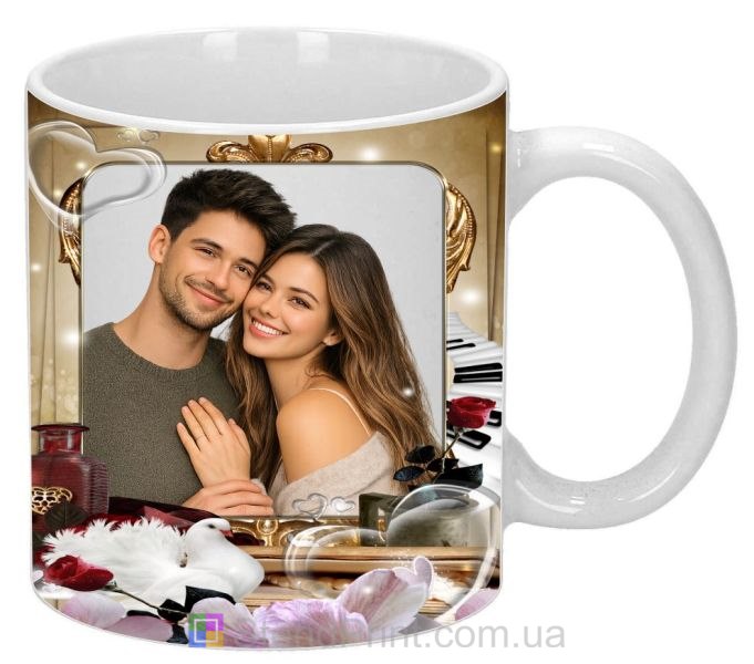 Кружка для пары с фото в золотой рамке подарок