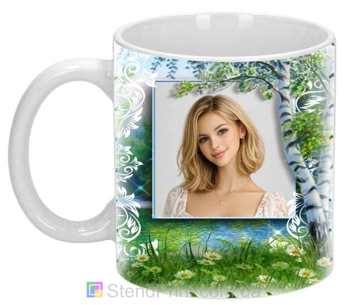 Кружка з фото береза, ромашки і ставок природа замовити
