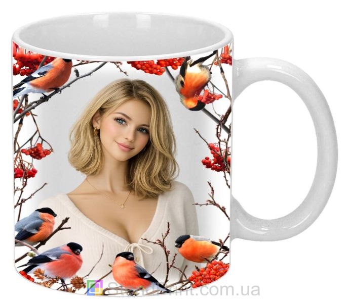 Чашка с фото зима рябина и снегири персональная печать фото на чашке