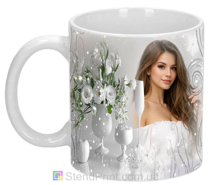 Кружка з фото квіти та зимовий візерунок персональний дизайн замовити
