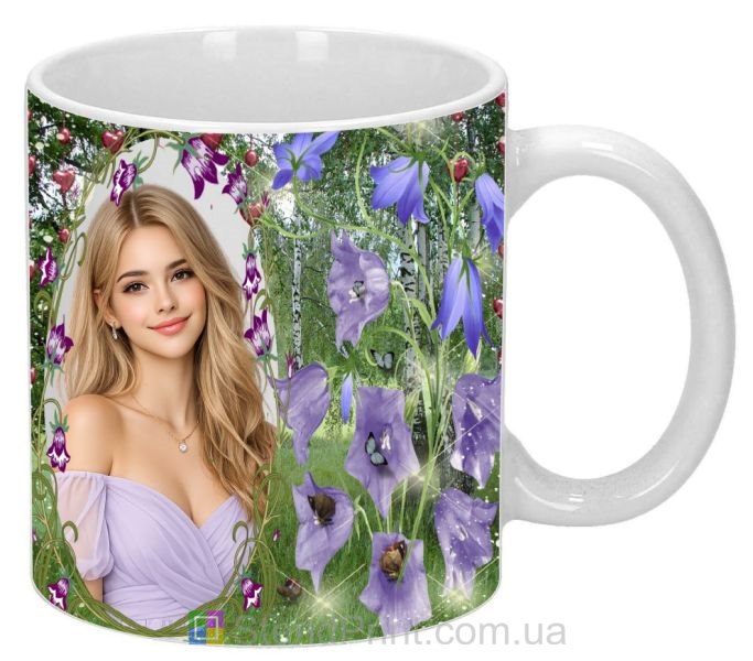 Кружка с фото с фиолетовыми цветами и лесным дизайном нежный природный подарок заказать