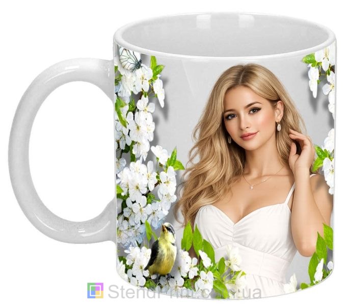 Кружка з фото весняні первоцвіти та зелені пелюстки — замовити