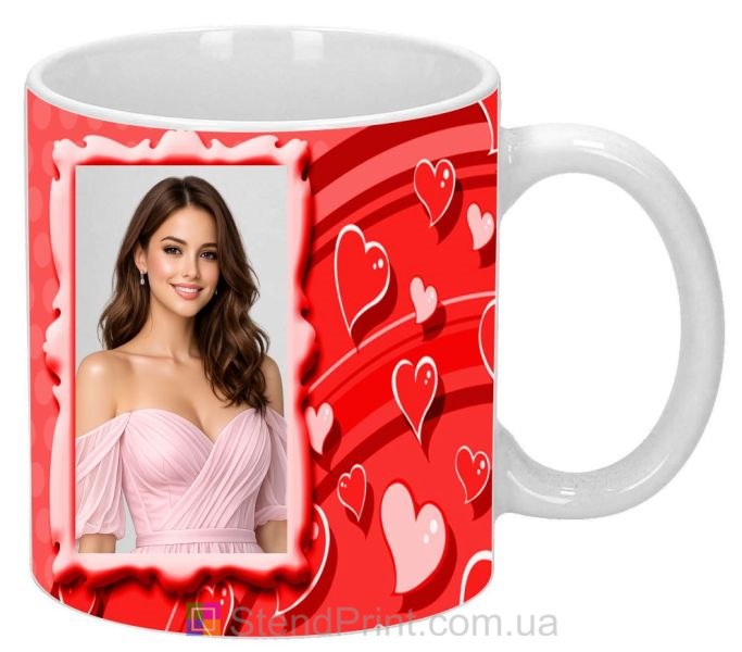 Чашка з фото з червоними серцями яскравий романтичний подарунок для коханої людини замовити