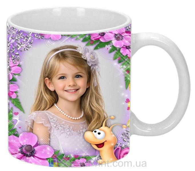 Детская кружка с фото цветы и мультяшная улитка