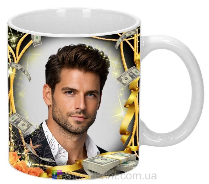 Кружка з фото на подарунок чоловіку в золотому дизайні з грошима