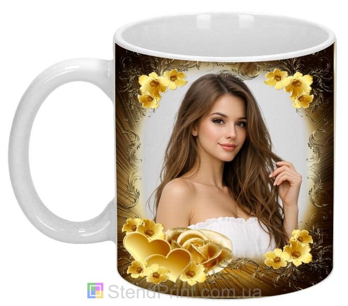 Кружка с фото для любимой в золотом дизайне с цветами и сердцем стильный подарок заказать