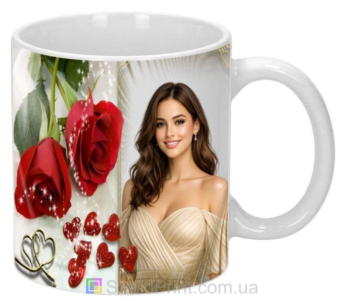 Горнятко з фото з червоними трояндами та сердечками подарунок коханій замовити