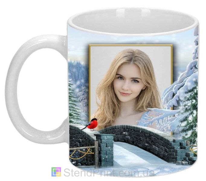 Чашка с фото зимний лес и кирпичный мост персональная печать фото на чашке заказать
