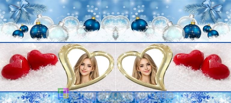 Кружка с фото в зимнем романтичном коллаже с сердцами и новогодними шарами заказать