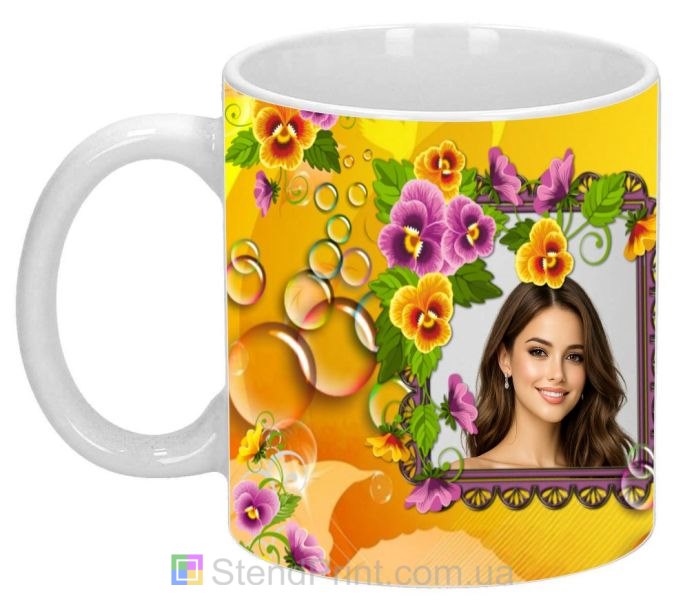 Чашка с фото для девушки с яркими цветами заказать подарок